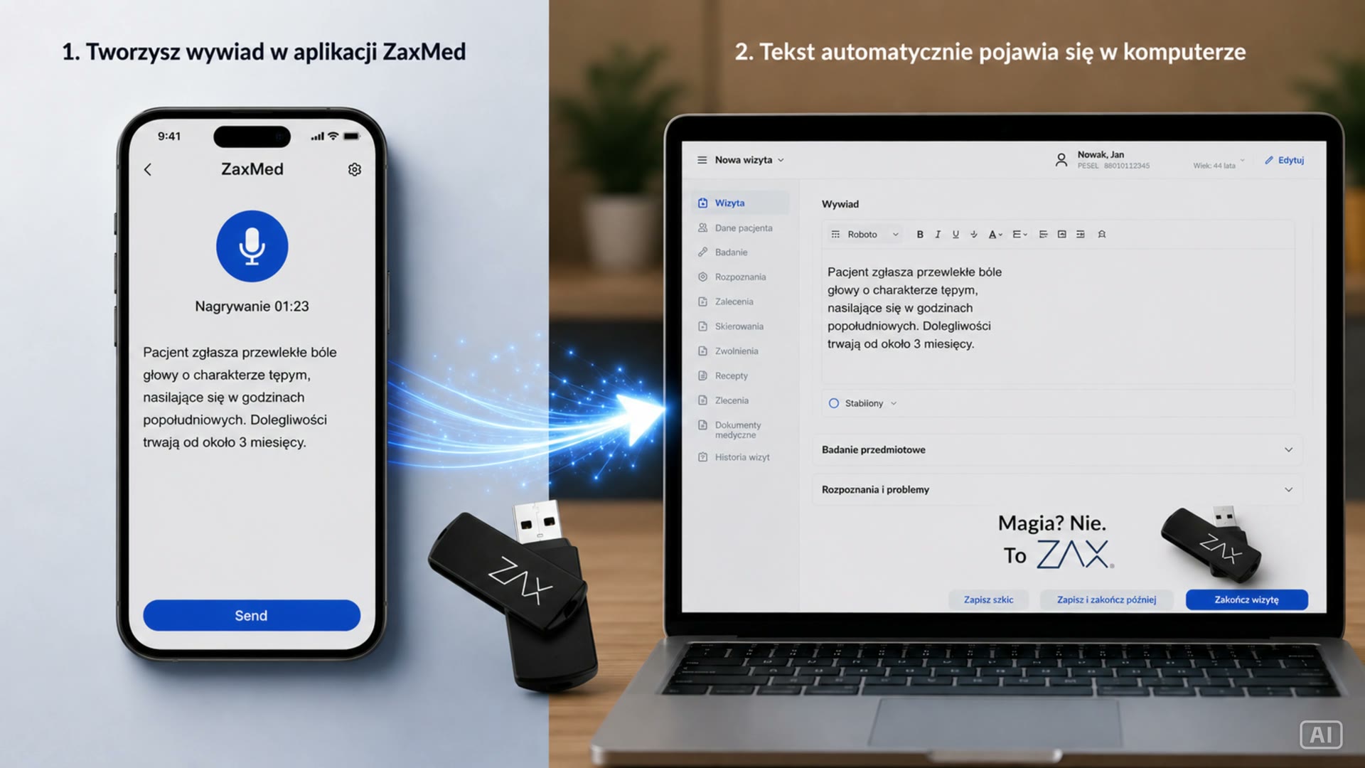 ZaxMed: dyktowanie do telefonu, tekst pojawia się w systemie informatycznym